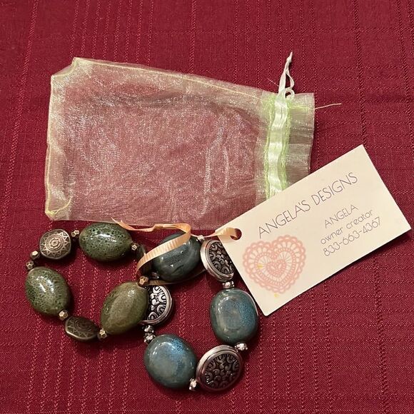 NWT Angelas Designs 2 handmade stretchy beaded bracelets bronze silver & green - Picture 9 of 9